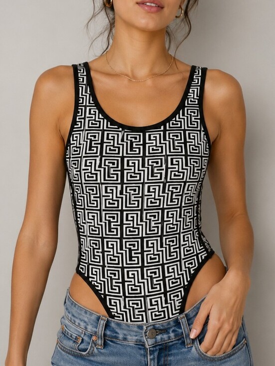 Minette Tops - 3/$30 MINETTE Monochrome Monogram Scoop Neck Festival Bodysuit